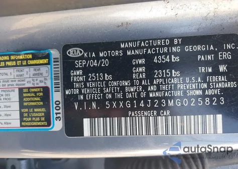 2021 Kia K5 Lxs z USA, uszkodzony, nr VIN 5XXG14J23MG025823